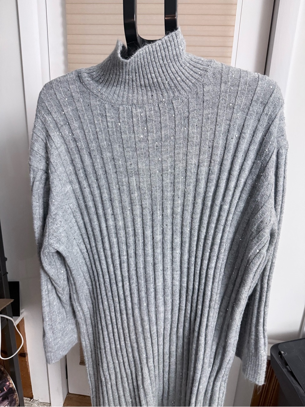 Ribbed Mock Neck Sweater Dress in Light Gray sequins cozy winter icy sparkle - Picture 9 of 12